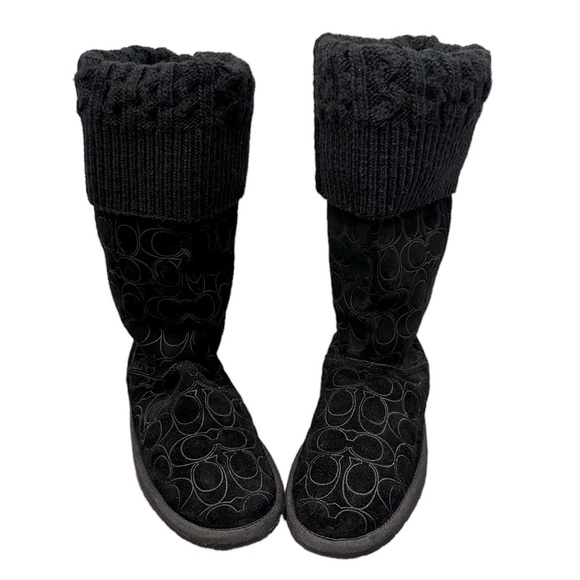 Coach Georgia Black Signature Logo C Suede Cuffed Sweater Knit Boots SIZE 8 - Picture 1 of 8